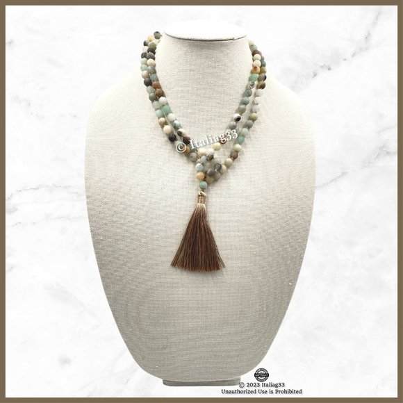 Mala Amazonite Beads Necklace Natural Matte Gemstone Silk Tassel Meditation New - Picture 5 of 15